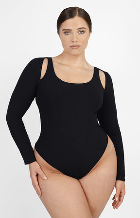 Cozy Ribbed Shoulder Cut-Out Bodysuit