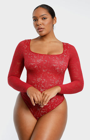 Lace Glamour Leavy Florals Long Sleeve Bodysuit