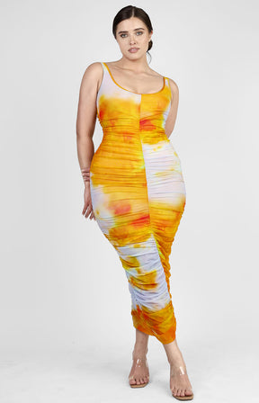 Miami Sunset Mesh Pleated Bodycon Dress